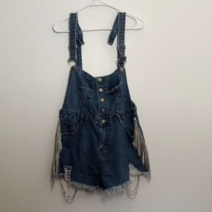 Blue B Collection Rhinestone Draped Cuttoff Denim Overalls